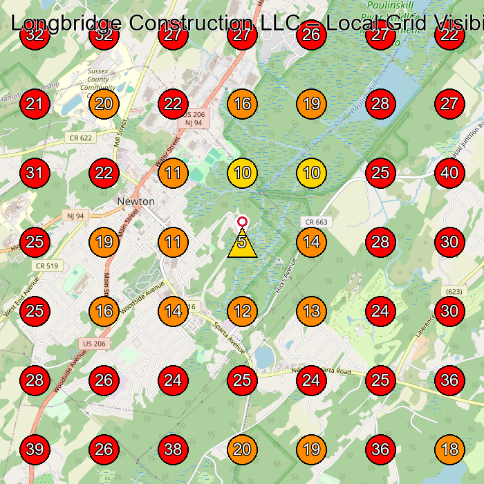 Longbridge Construction LLC GeoGrid visibility map for Lawn Care Service in Newton